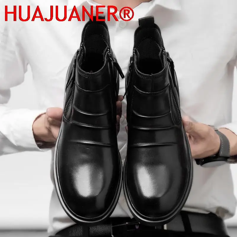 Zapatos de invierno de marca de lujo para hombre, botines masculinos de alta calidad, botas de cuero genuino con cremallera lateral para hombre, zapatos negros clásicos para hombre