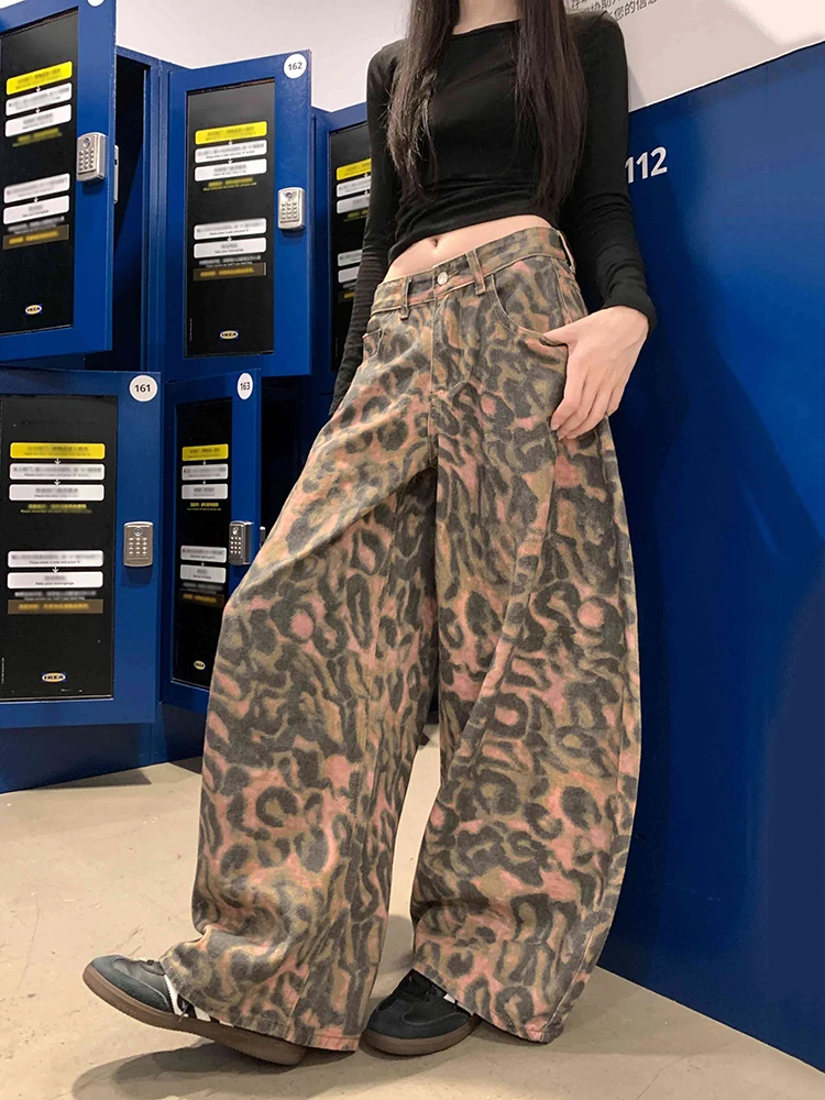 ReddaChic Alternative Pink Leopard Baggy Jeans Hip Hop Loose Low Waist Oversized Carrot Fit Denim Pants Retro Woman Streetwear
