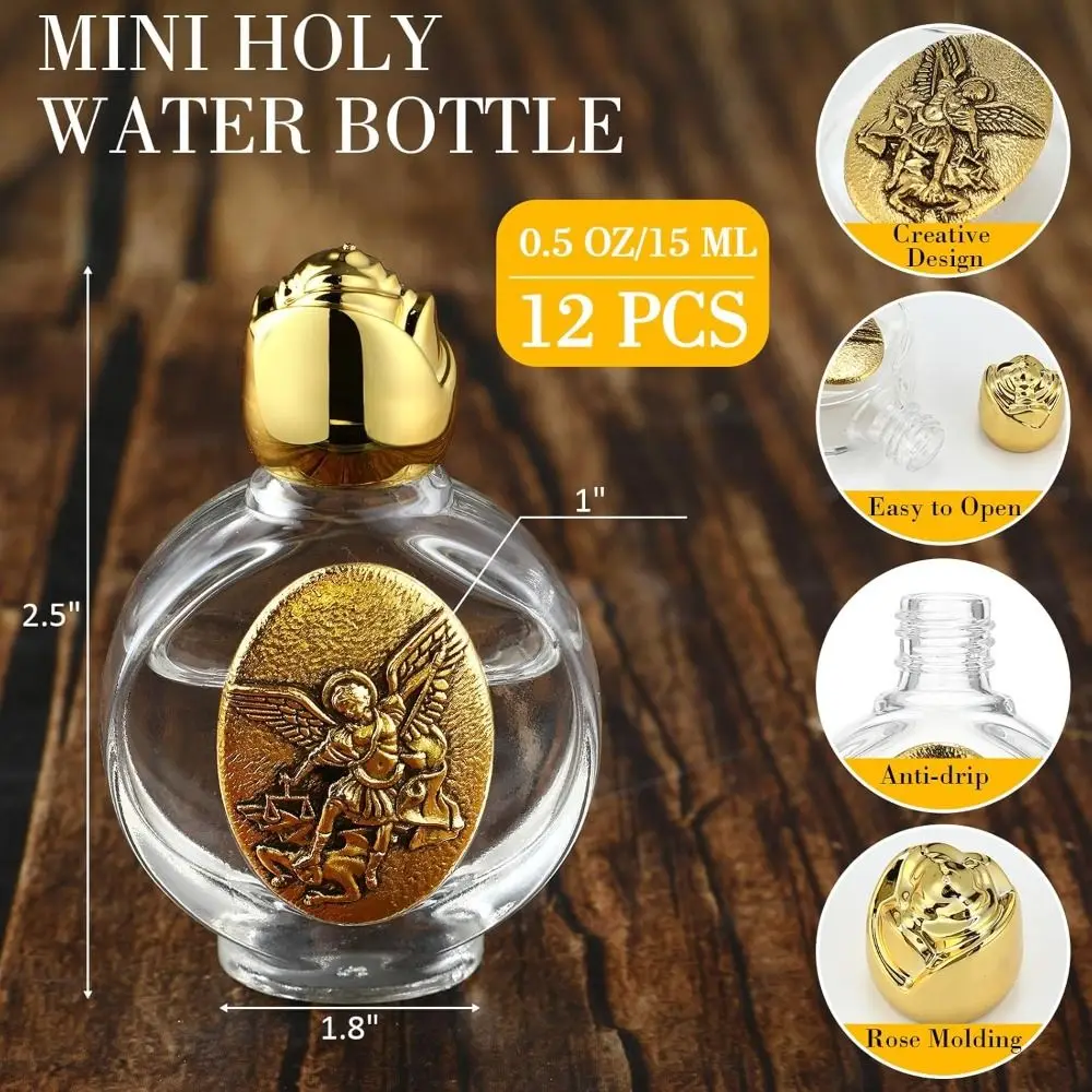 Bouteilles d'eau bénite catholique de 0,5 Floz, représentation de Communion, bouteilles d'eau bénie en or avec bouchon tonifié, Notre-Dame de Guadalupe
