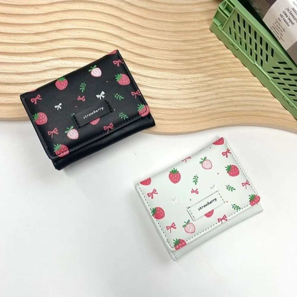 Fashion Strawberry Tri-fold Wallet Bow Korean Style PU Leather Wallet Short Printing Card Holder Daily