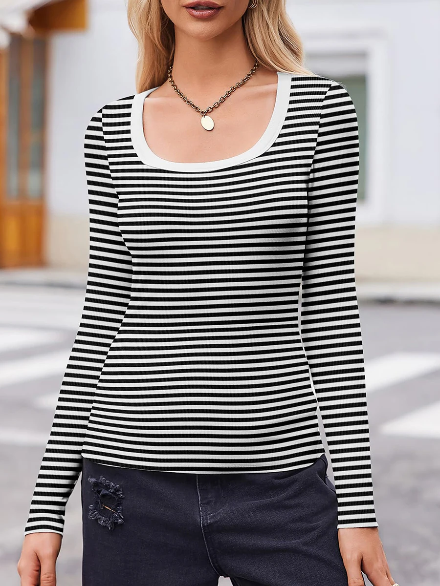 Women’s Stripes Knit Ribbed T-Shirts Long Sleeve Scoop Neck Slim Fit Basic Shirts Spring Fall Blouses Tees