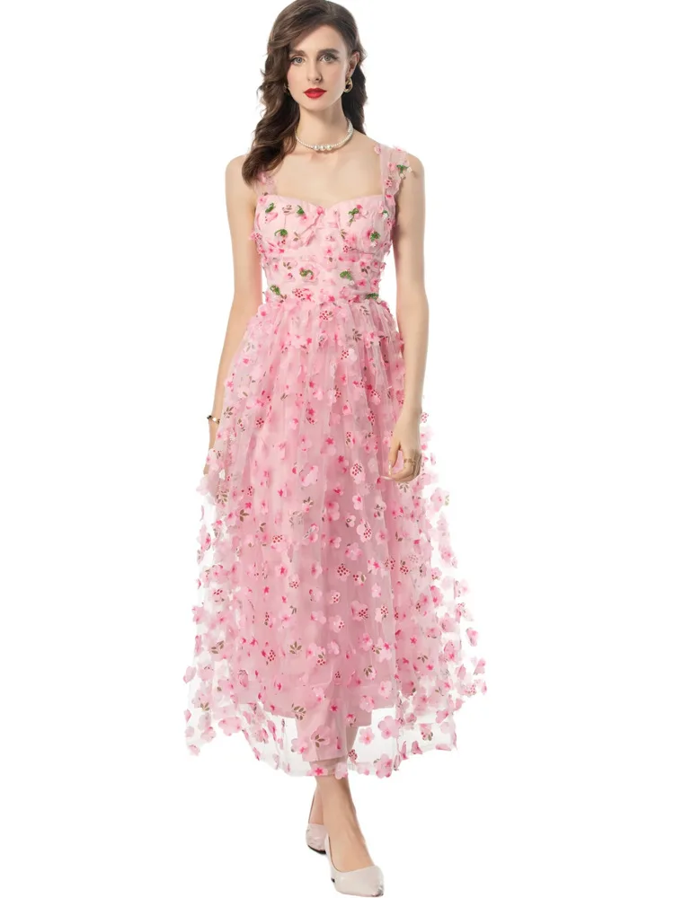 

Princess Dress with Spaghetti Strap Expansion for Women, Pink Sequins and Appliques, Sweet Fashion, Summer
