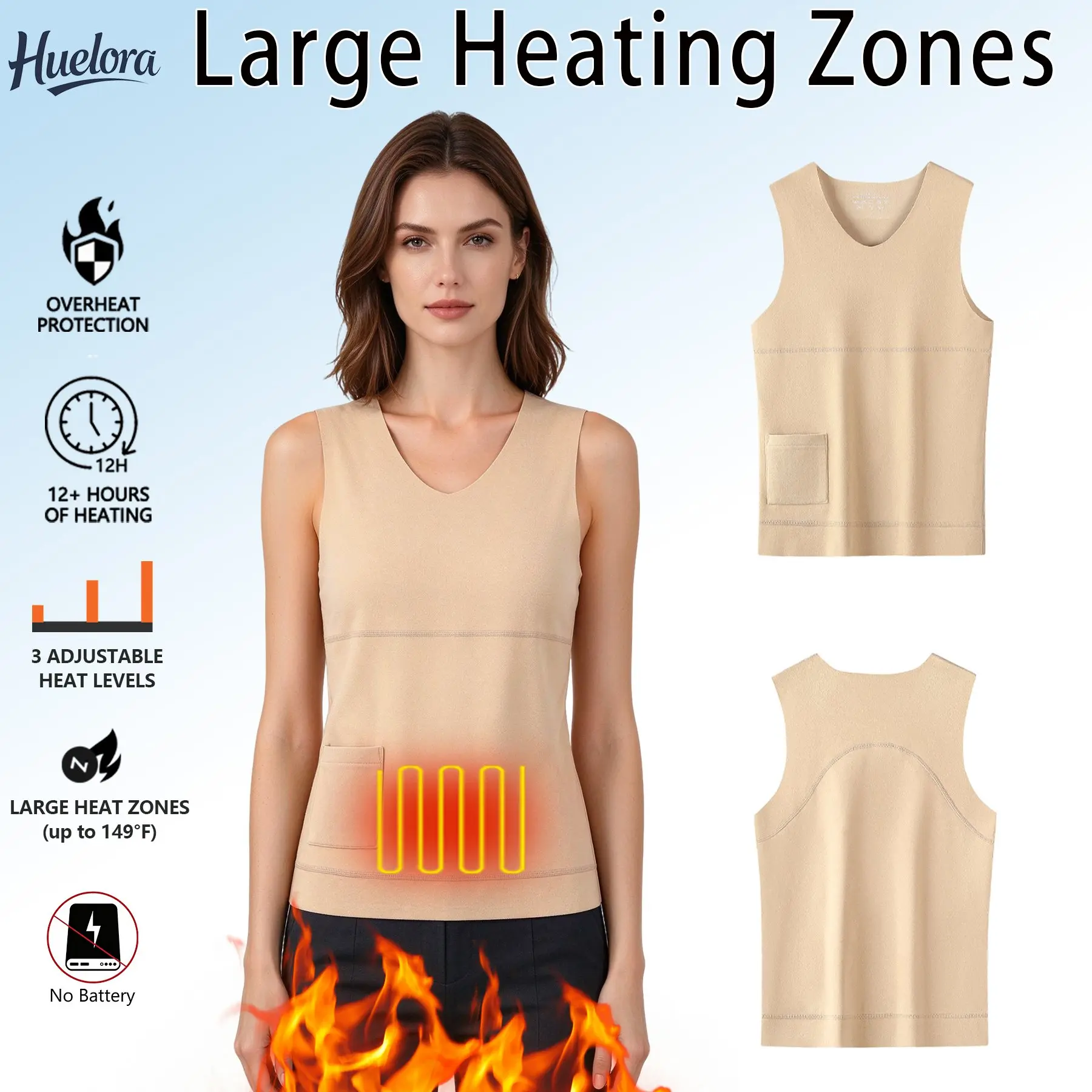 Huelora flesh Seamless Heated Vest for Men Women Large Heating Zones Electric Heated Tank Top 3 Adjustable Temp up to 149°F