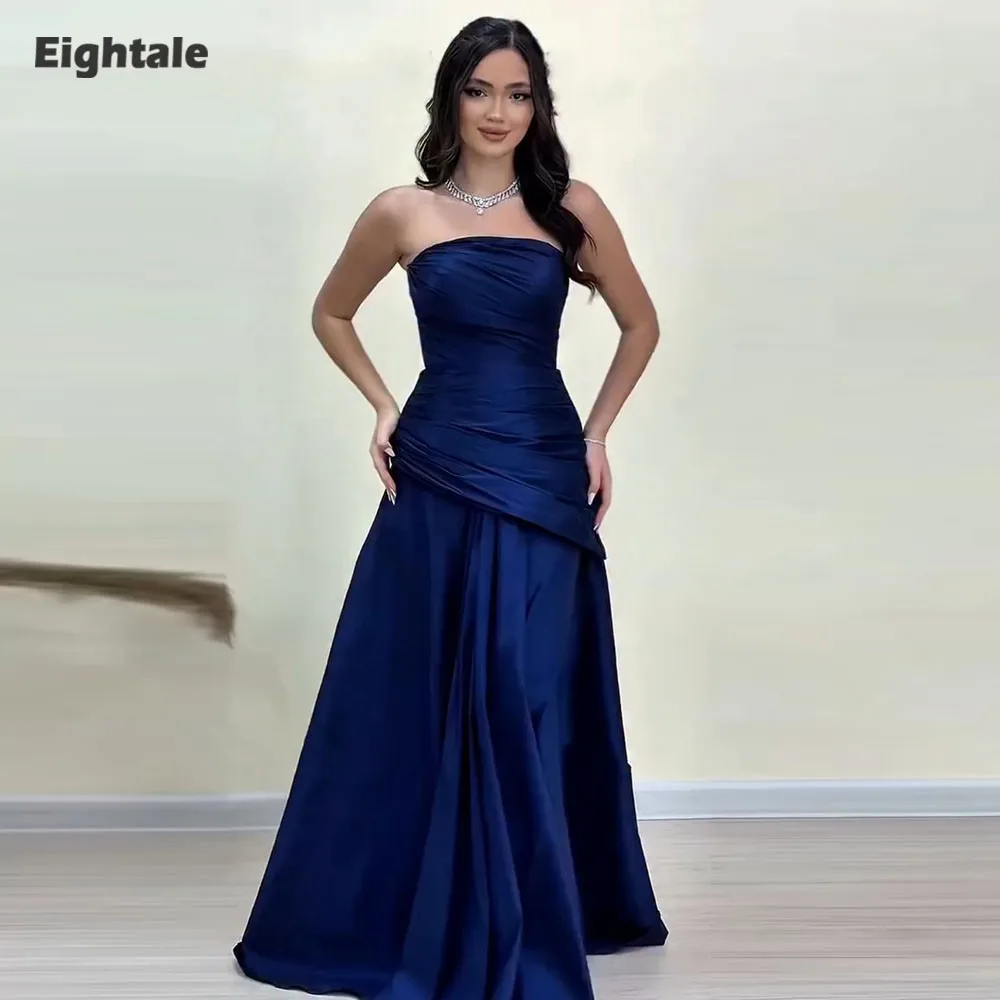 

Eightale Arabic Evening Dresses Strapless Satin Floor Length Pleats Mermaid Customized Prom Party Gowns for Wedding