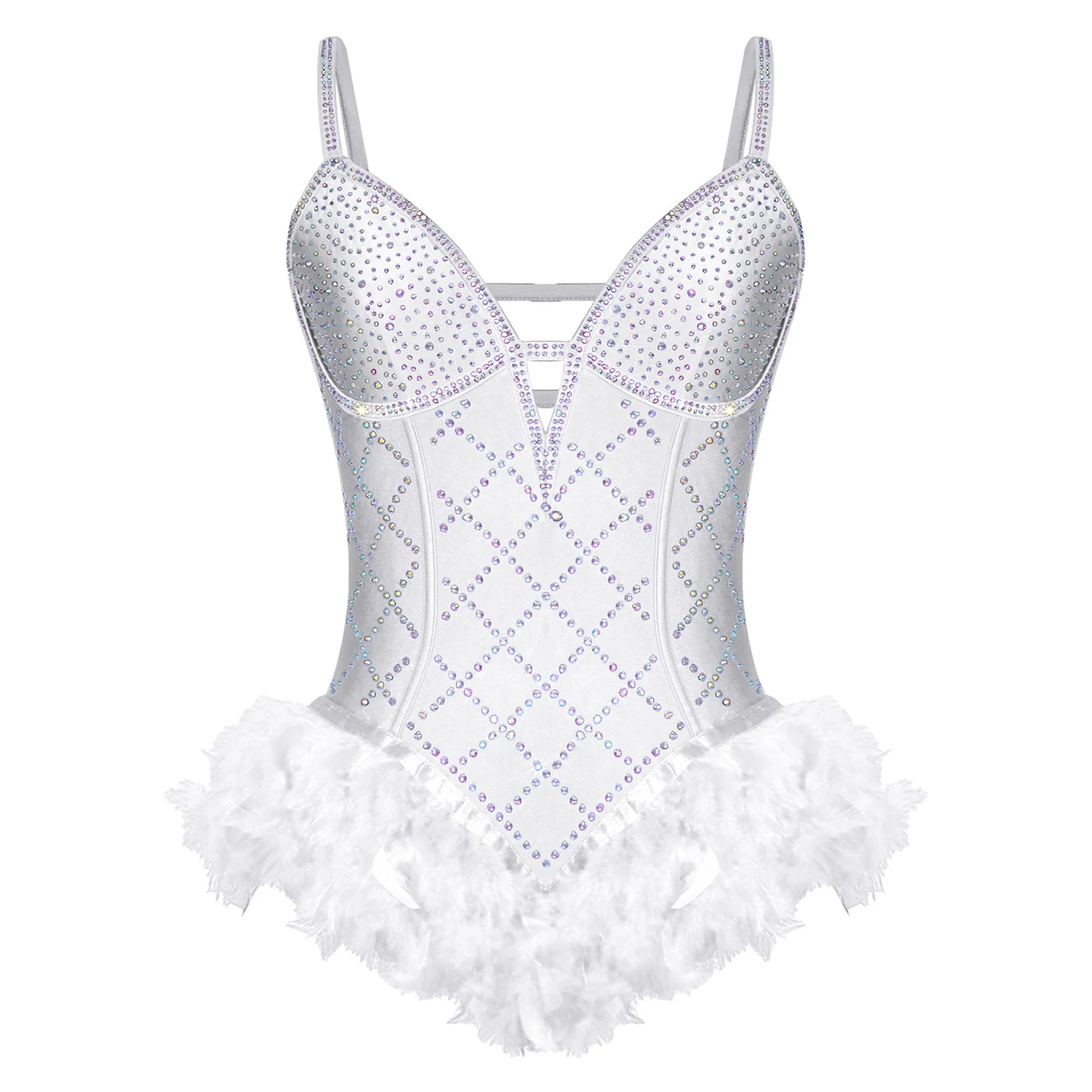 

Womens Ballet Dresses Shiny Rhinestones Feather Leotard Deep V-Neck Adjustable Spaghetti Straps Strappy Bodysuit for Performance
