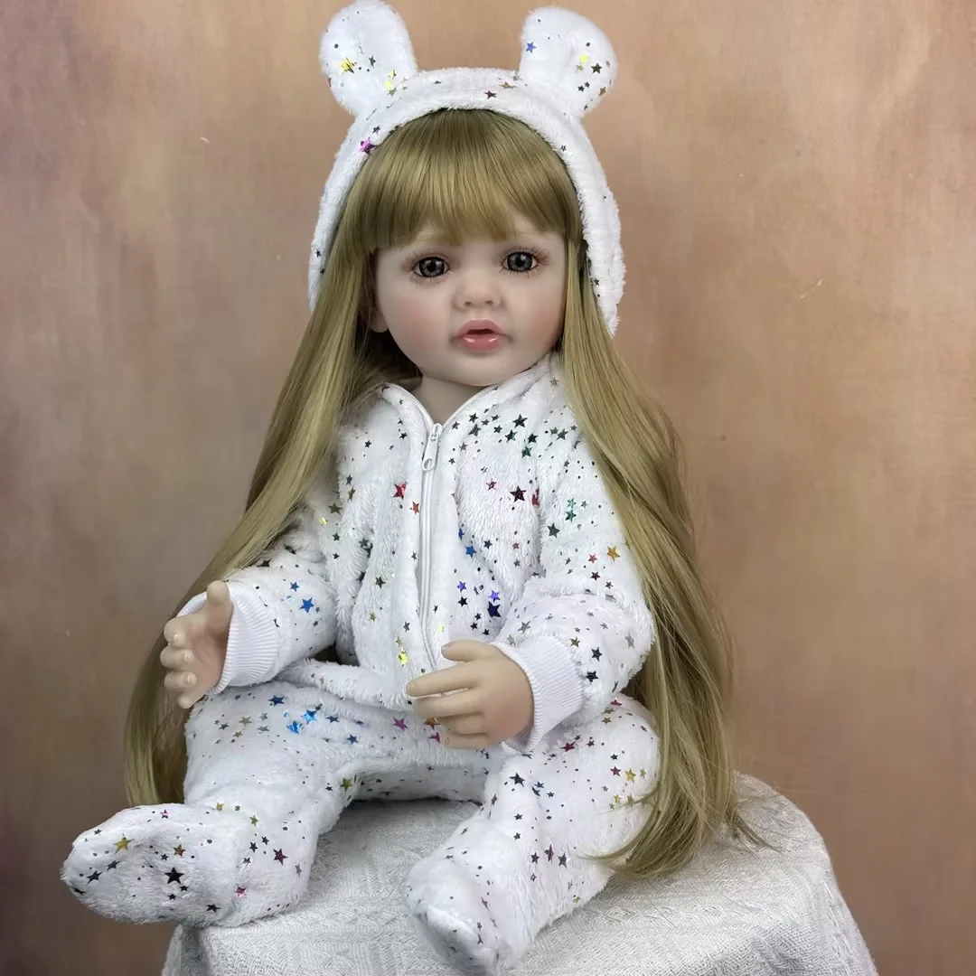 BZDOLL 55CM 22인치 긴 머리 공주 유아 리본 베이비돌 풀 비닐 바디 화이트 점프수트 목욕 장난감 드레스업 생일 선물