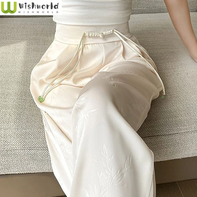High End Ice Silk New Women's Wide Leg Pants for Spring and Summer Fashion Jacquard Casual Elegant Women's Pants