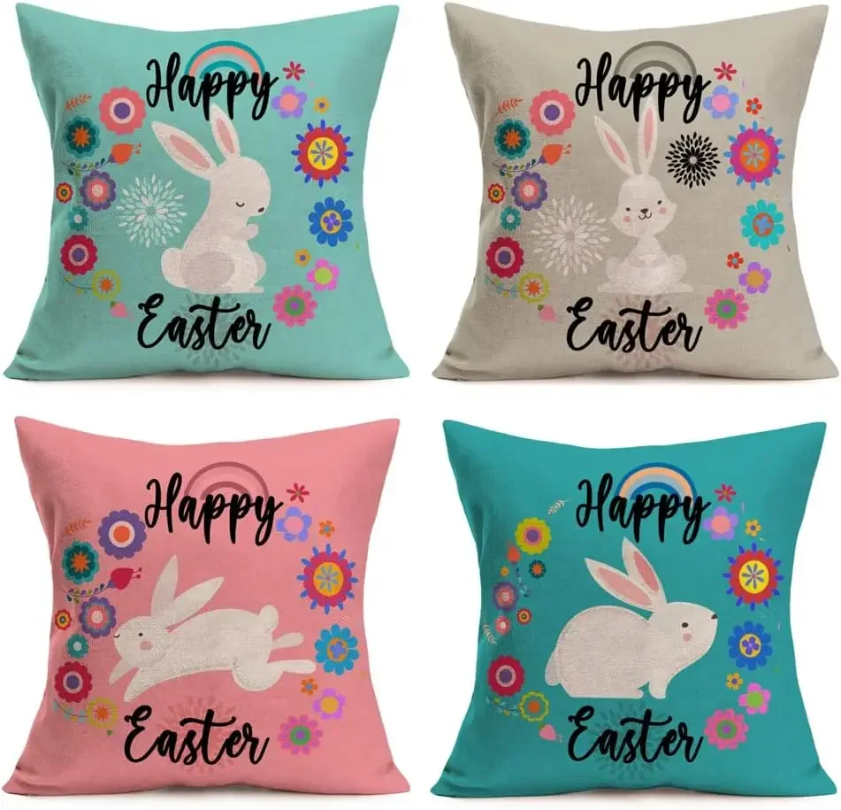 

Happy Easter Bunny Pillow Cover Spring Flower Rainbow Farmhouse Decorative Pillowcase Linen Cushion Cover 40X40cm