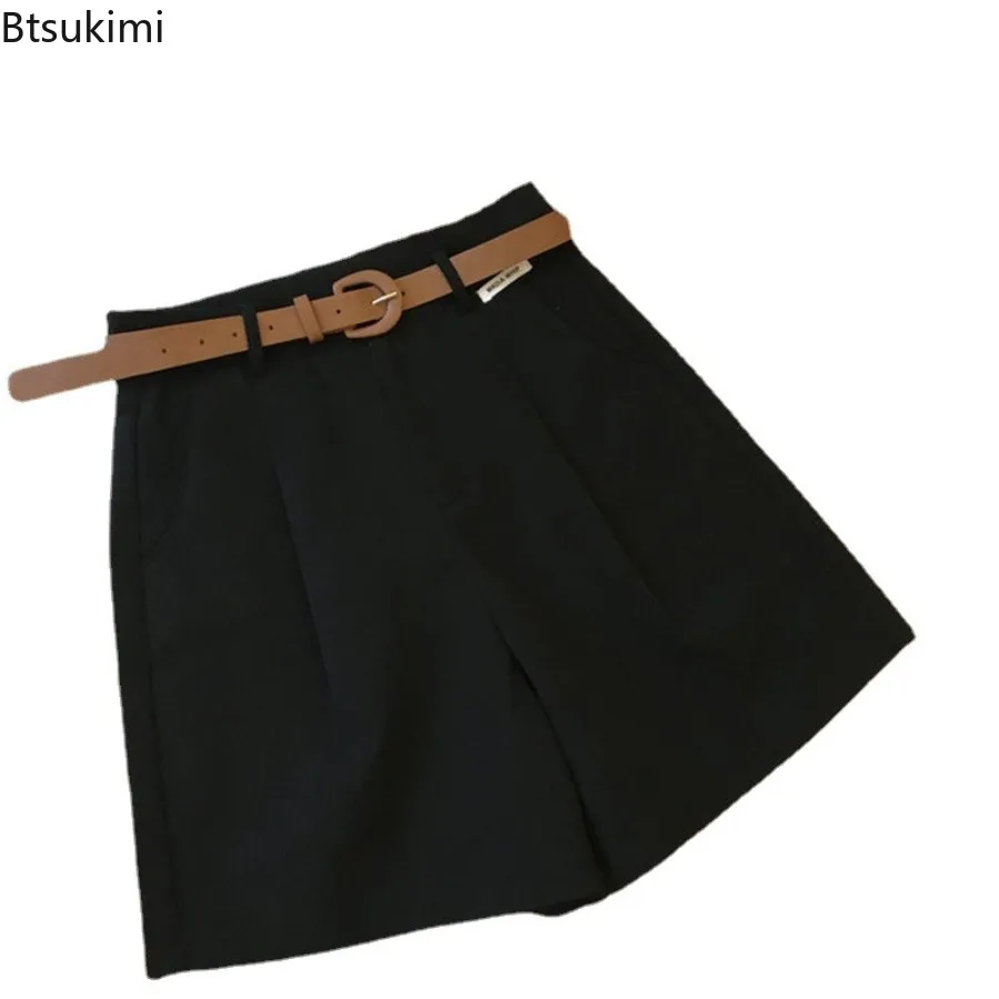 Pantalones cortos de traje para mujer con cinturón, minipantalones cortos holgados de cintura alta coreana con bolsillos sueltos, estilo OL,