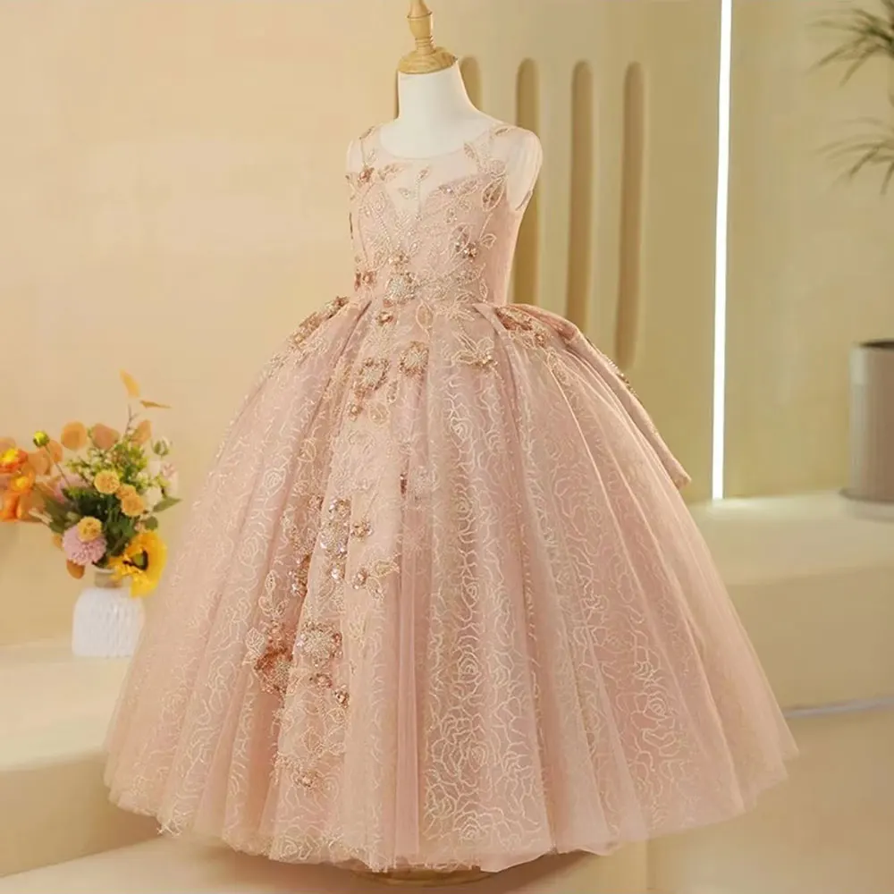 

Jill Wish Luxury Arabic Pink Girl Dress Beading Crystal Dubai Kids Princess Birthday Wedding Party Ball Formal Gown 2024 J217