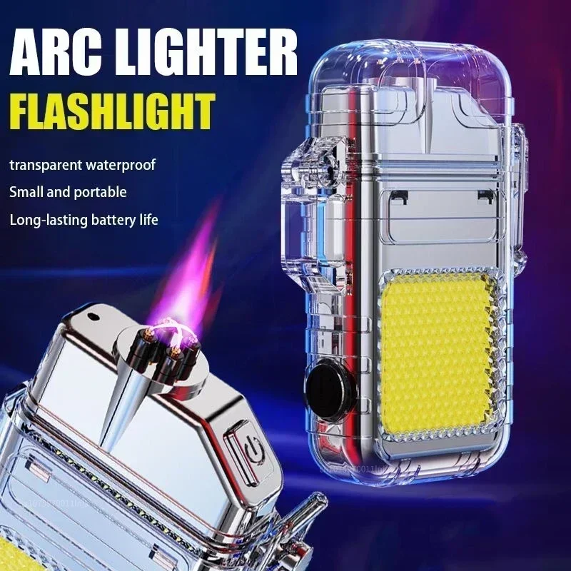 Waterproof and Windproof Double Arc Lighter Flashlight USB Rechargeable Lighter  Outdoor Camping Lighting Tool Men's Gift