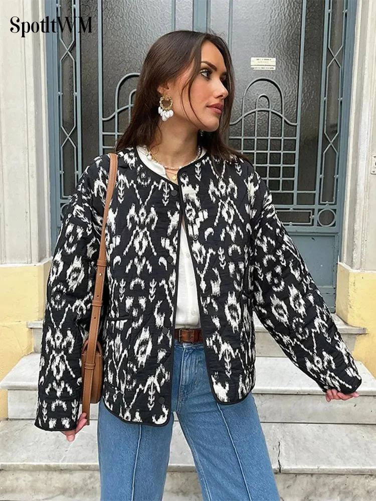 Cappotto in cotone stampato monopetto moda O collo donna tasche eleganti giacca a maniche lunghe 2024 autunno inverno Lady Streetwear