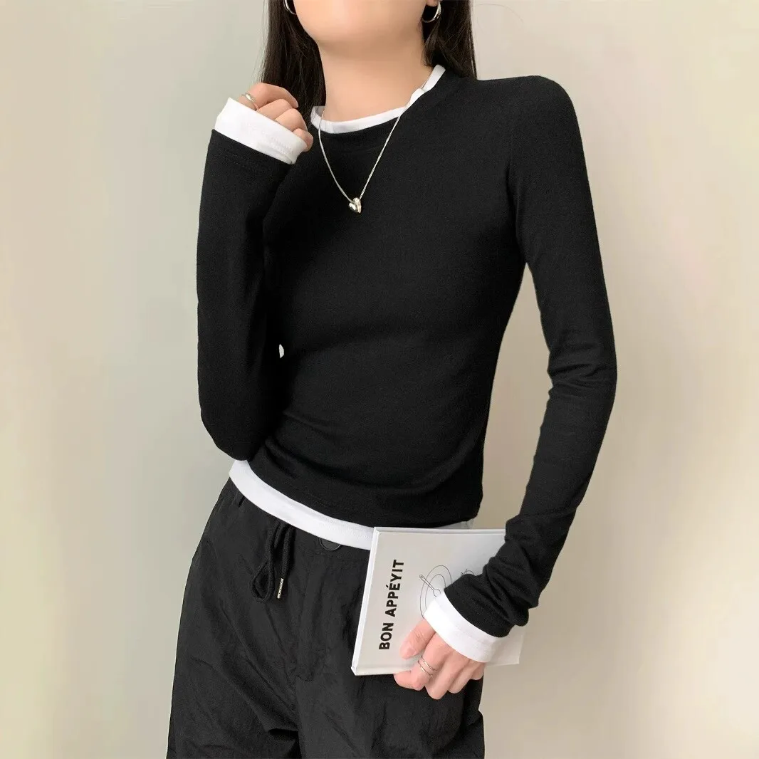 Women's Long Sleeve T-Shirt Black White Pleated Waist Design Base Shirt Inner Wear Top Casual Style Slim Fit round Neck