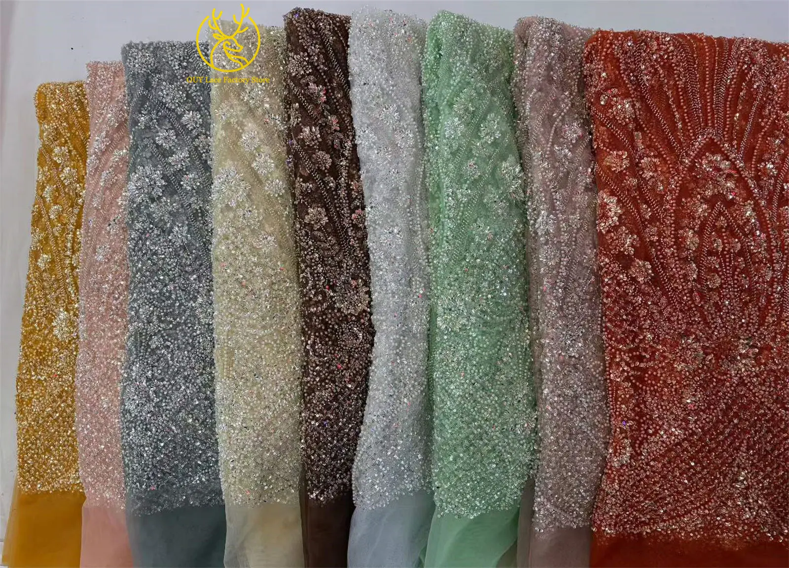 5 Yards afrikanischer schwerer Perlen-Pailletten-Netzstoff, goldener französischer Pailletten-Tüllstoff für wunderschöne Hochzeitskleider zum Nähen – Detail 3
