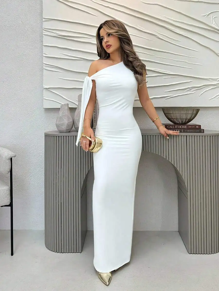 

Women's White Asymmetrical One-Shoulder Draped Maxi Dress with Split Hem