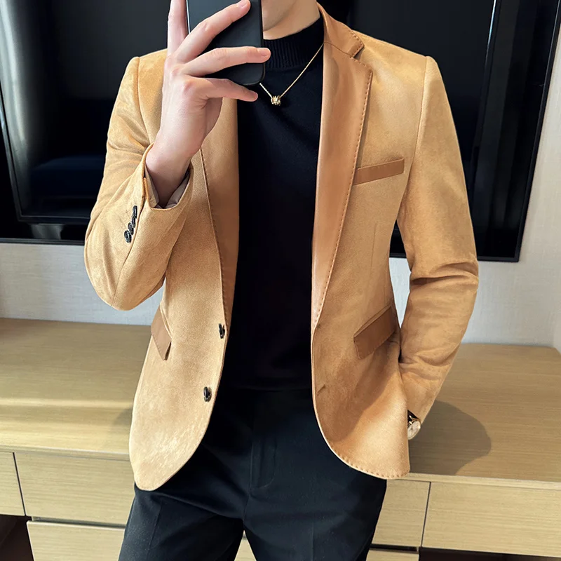 British Style Men Deer Fur Patchwork Suit Jacket High Quality Fashionable Luxurious Social Business Slim Fit XJ655
