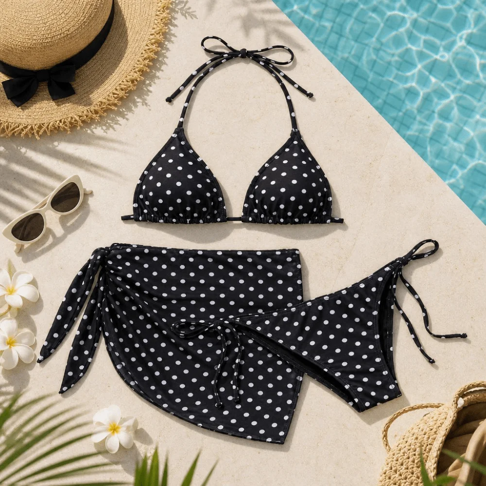 3pcs Beachwear Clothing Halter 3-Piece Swimwear Dot Print Lace Up Women Swimsuit Slim Fit Deep V Bikinis Set Swimming