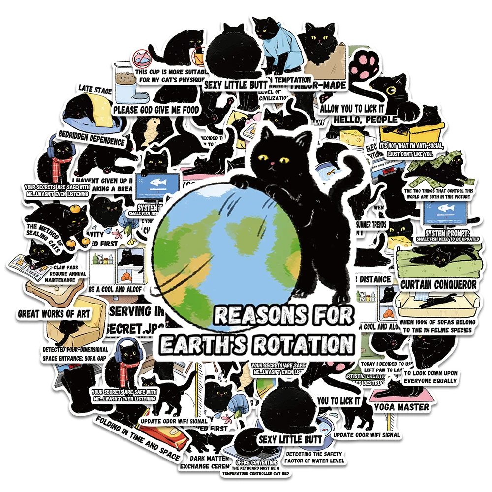10/30/50pcs Cute Cartoon Black Cat Daily Life Quotes Stickers Funny Creative Sticker DIY Laptop Phone Luggage Decals Decoration