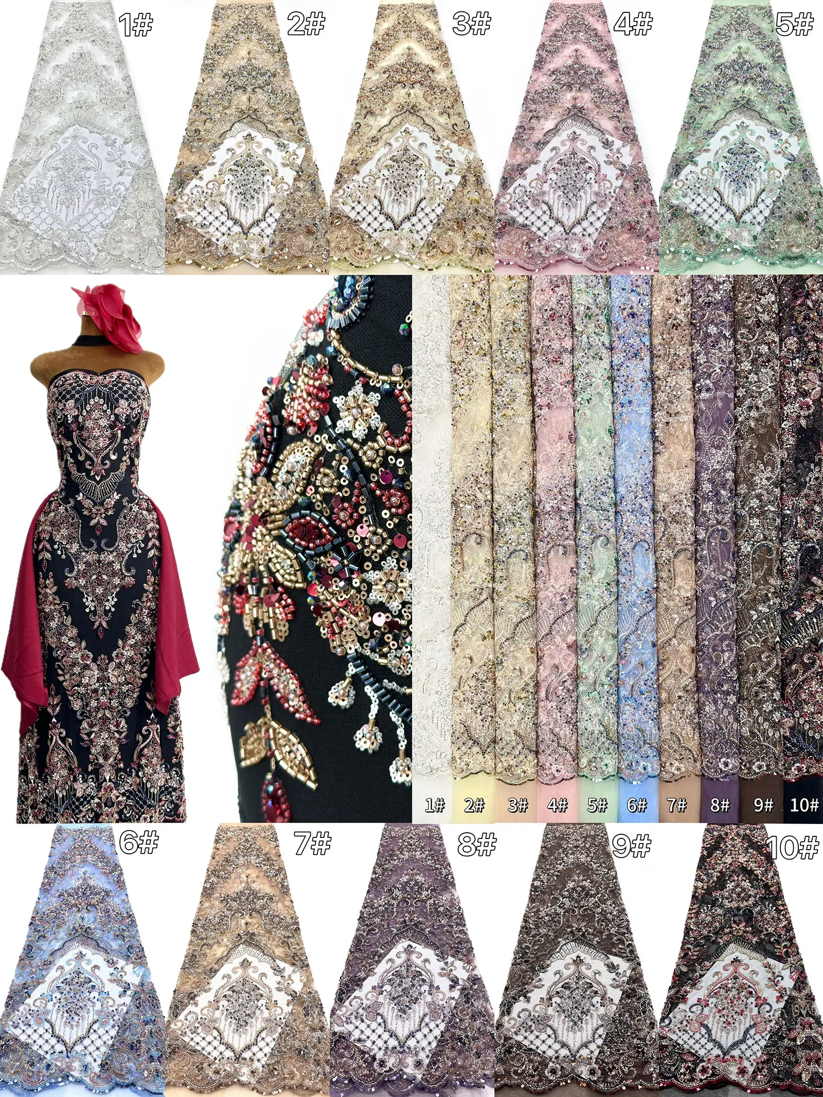 Hochwertiger französischer handgefertigter bestickter Spitzenstoff mit Perlen, afrikanischer nigerianischer Pailletten-Spitzenstoff zum Nähen von Hochzeits-Brautkleidern – Detail 3