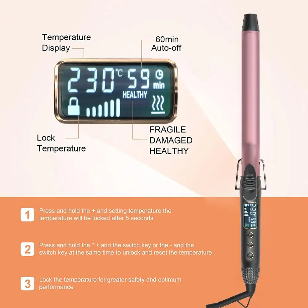 Hair Styling Wand Curler，9mm/19mm/22mm/25mm/28mm/32mm/38mm Long Barrel Curling Iron with LCD Display