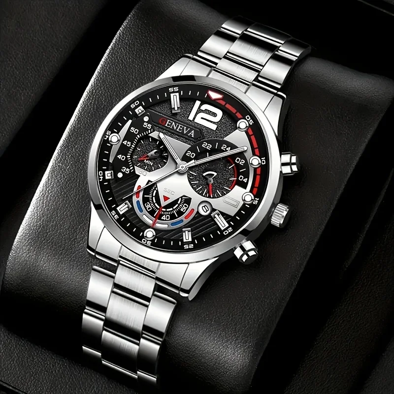 4pcs Geneva three-piece leather strap watch, men's business casual versatile quartz watch, student wristwatch set