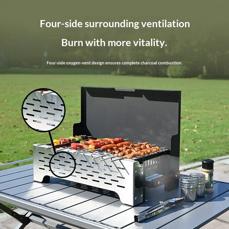 

Portable Charcoal BBQ Grill Outdoor Camping Stainless Steel Foldable Skewer Grill Patio Heating