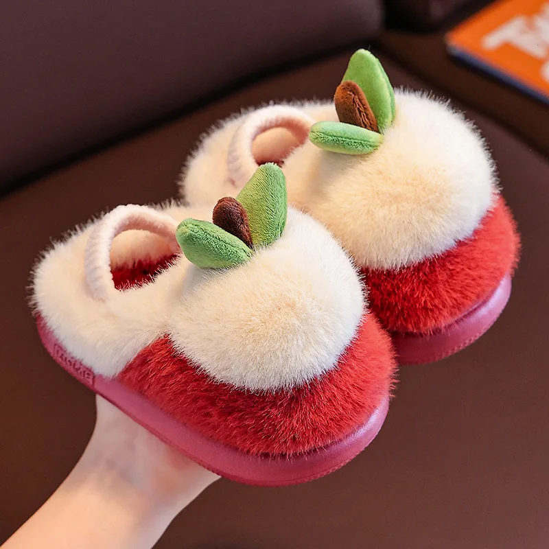 

Boys Girls Thickened Red Plush Warm Soft Sole Non Slip Slip On Fluffy Cotton Shoes Winter New Children Cartoon Home Cotton Shoe
