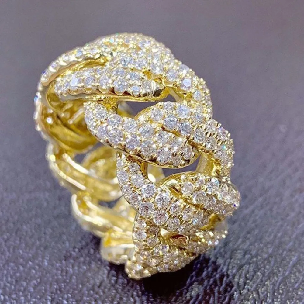 Trendy Luxury Full Circle High Quality 5A Zircon Chains Entwined Rings for Men Women Hip-hop Personality Stainless Steel Jewelry