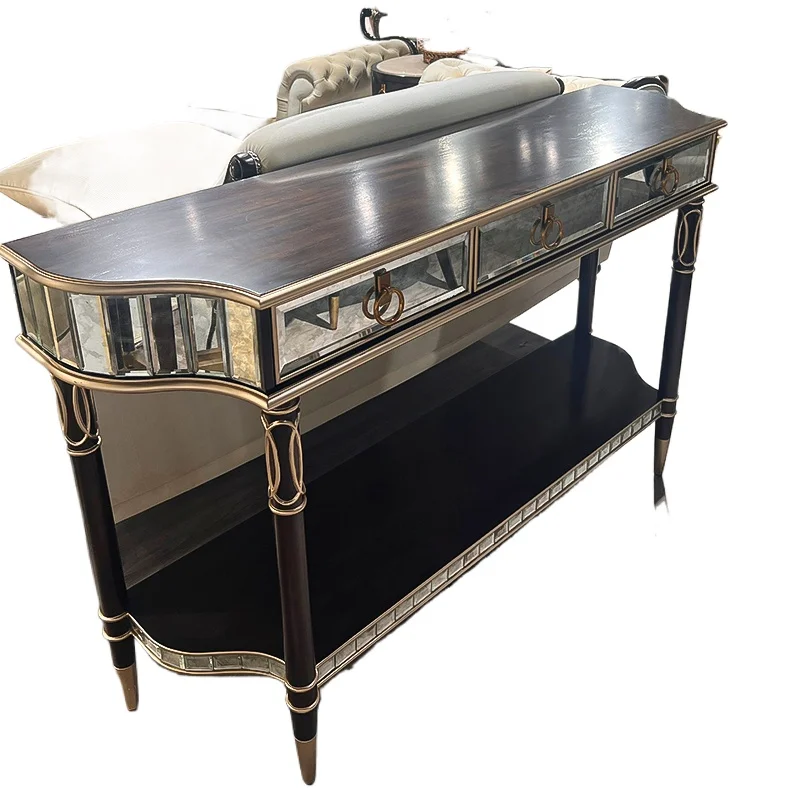 

Luxury Middle Eastern retro style living room entrance console solid wood glass mirror bar cabinet