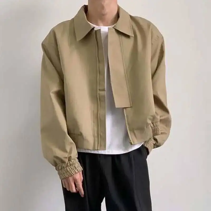 

Loose Casual Men's Jacket Shoulder Padded Flight Suit Short Style Vintage Hong Kong Style Open Collar Trendy Outerwear