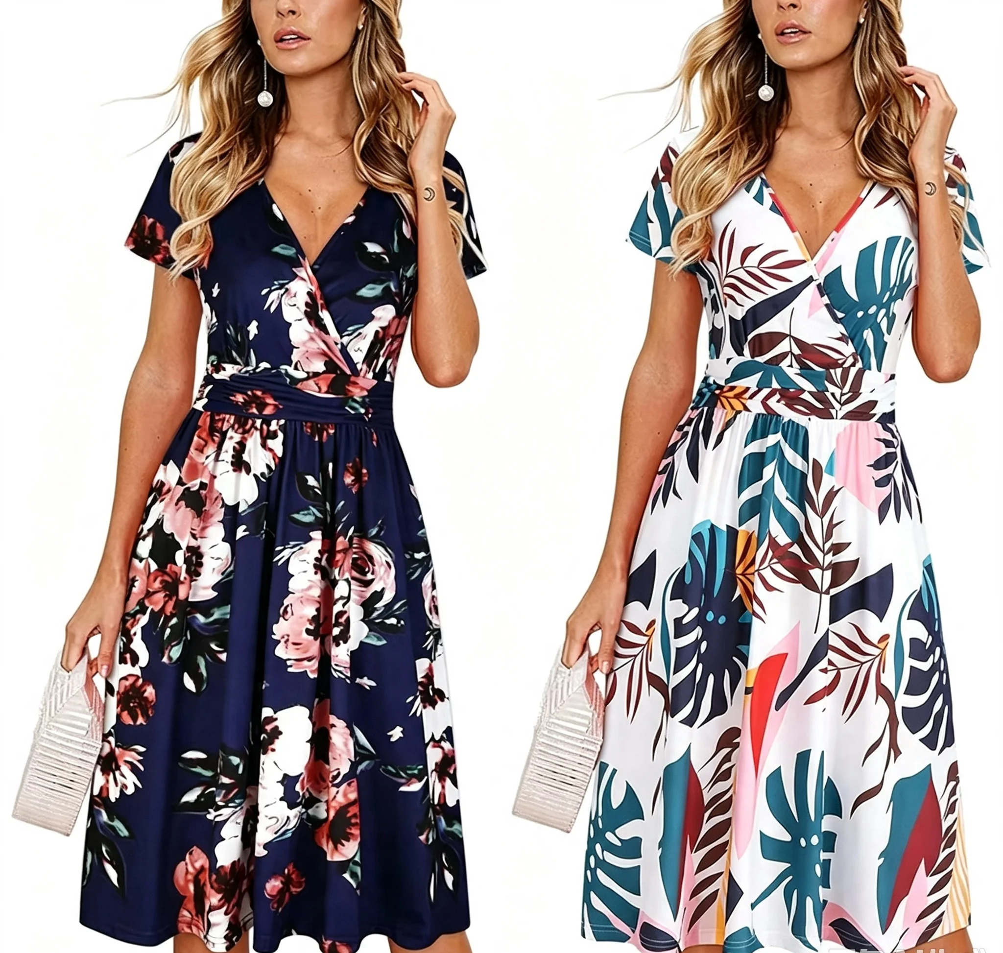 2025, Damen-Midirock, V-Ausschnitt, kurze Ärmel, Pflanzendruck, modisch, hohe Taille, Party, Urlaub, Strandkleid