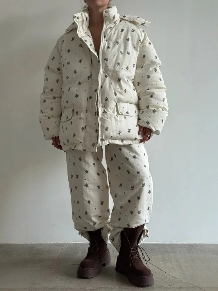 Vintage Floral Print Jacket Women's Thicken Padded Coat Casual Hooded Zippers Female Winter Down Jacket Outwear Fashion Overcoat
