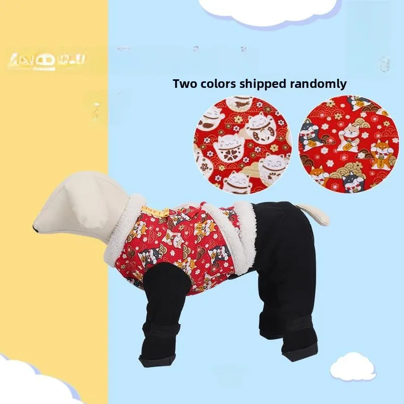 

Red New Year Festive Winter Clothes Thickened Fleece Footed Printed Celebration Pet Dog Four Leg Overalls Small Dog