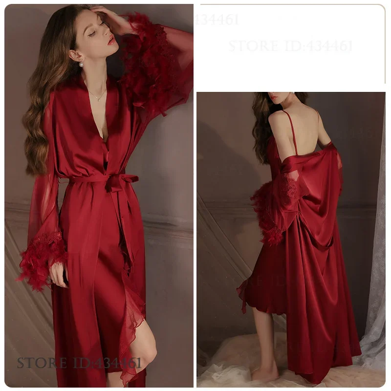 Burgundy Bride Wedding Robe Dress with Feathers Sexy Perspective Mesh Sleeve Kimono Gown Bathrobe Loose Satin Homewear Lingerie