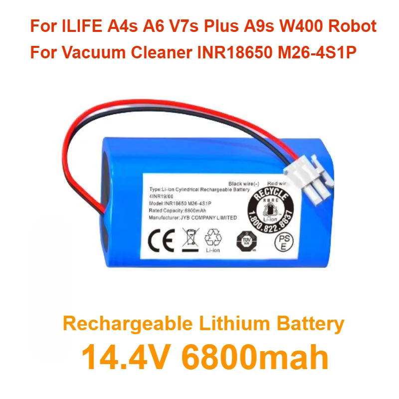 For ILIFE A4s A6 V7s Plus A9s W400 Robot Vacuum Cleaner INR18650 M26-4S1P Batteries 14.4V 6800mah Rechargeable Lithium Battery