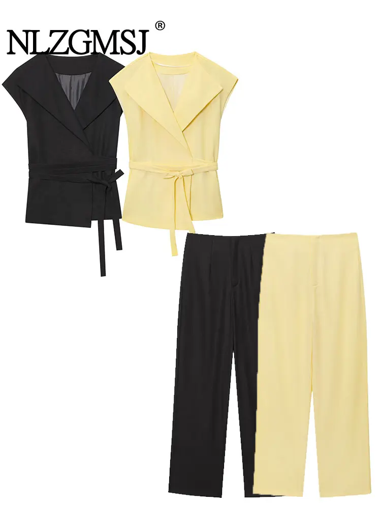 

NLZGMSJ Vintage Casual Chic Women Waistband Vest Top + Long Straight Pants Fashion 2025 Spring Summer Two Piece Set