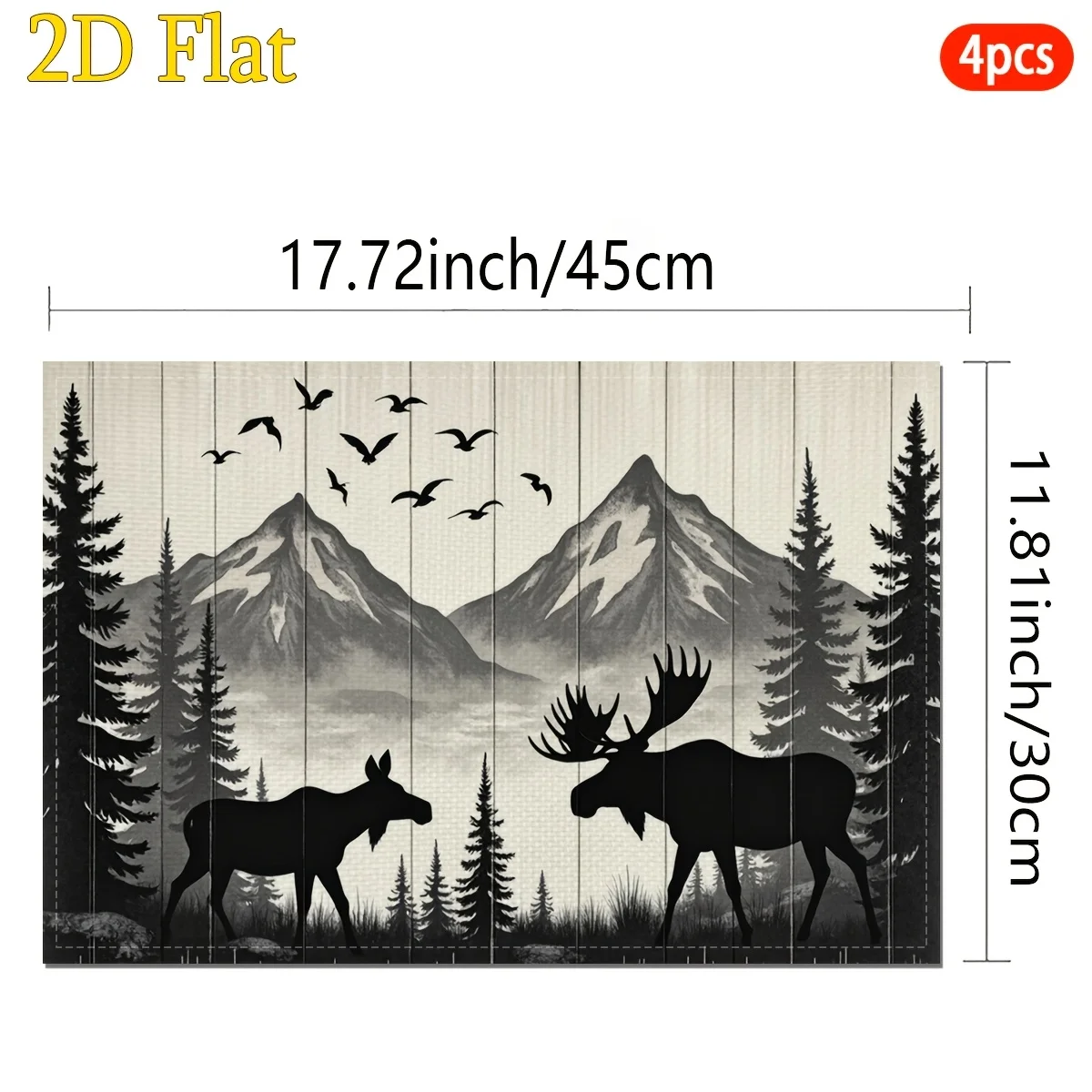 2D Flat, 4pcs,Moose Silhouette Print Linen Placemats Set Of 4 Rustic Mountain Table Mats For Cabin Kitchen Dining Decor