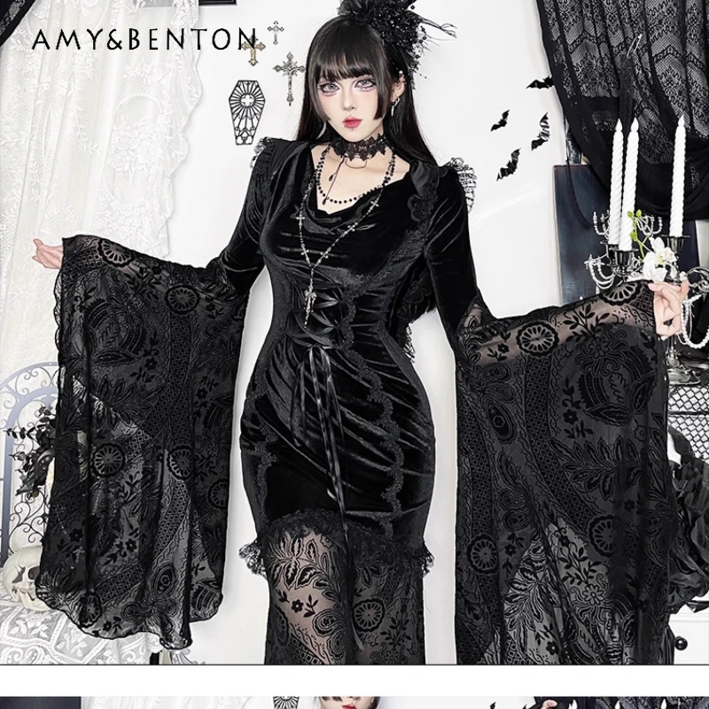 

2025 Autumn New Design Sexy Lace Hollow Out Slimming Flared Long Sleeve Dresses Ladies Halloween Dark Gothic Women's Clothing