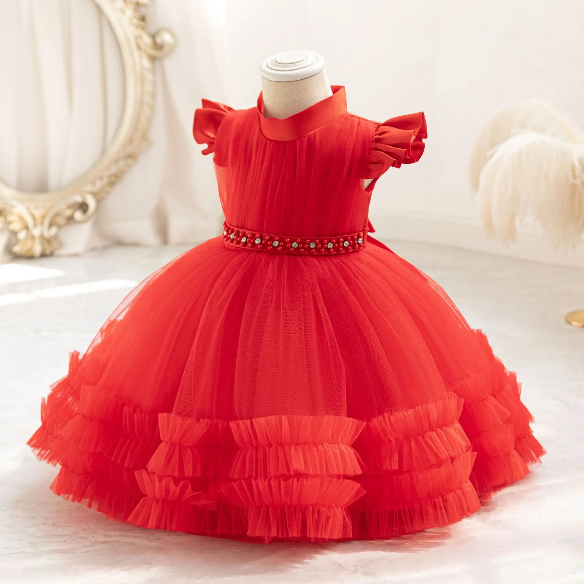 HETISO Pearls Belt Baby Girls Party Dress Sweet 1st Birthday Tulle Kids Dresses for Newborn Wedding Bridemaids Princess Gown