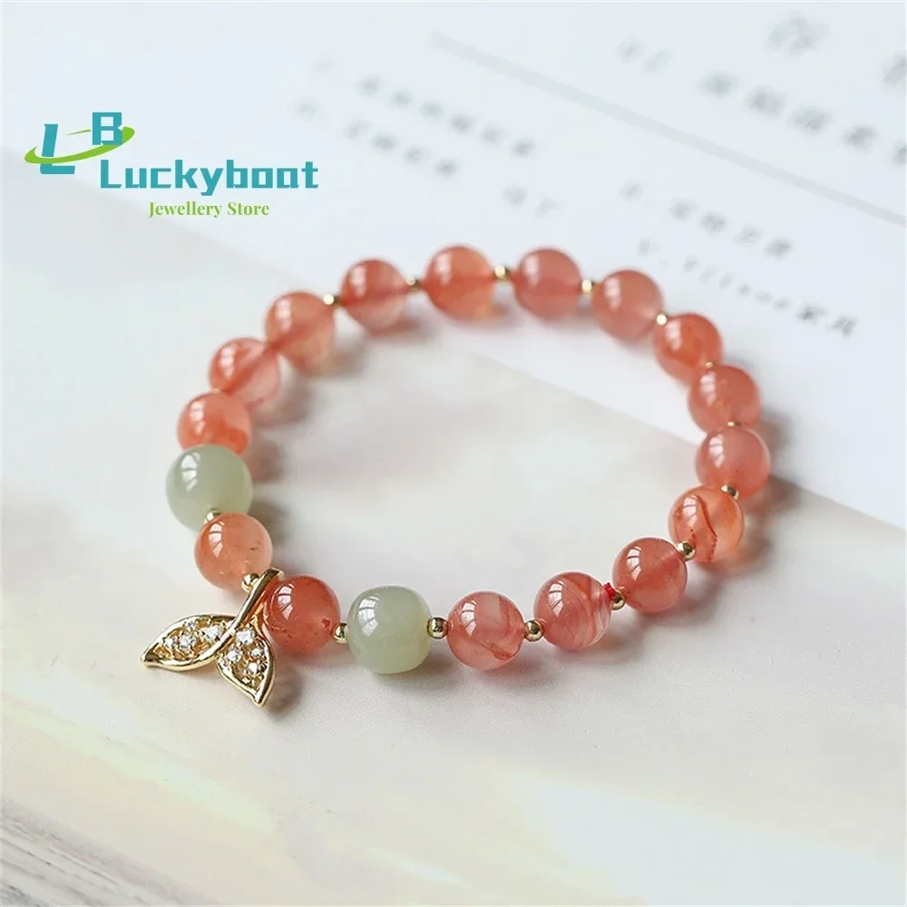 Natural Southern Red Agate Cherry  Mermaid Bracelet Hetian Jade Bucket Beads 14K Gold Fashion Hand Jewelry