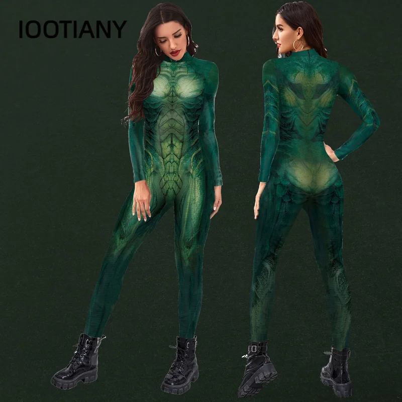 Green Alien Printing Holiday Party Seamless Bodysuit Women's Fashion Sexy Jumpsuit Stretch Casual Wear Cosplay Costume Jumpsuit