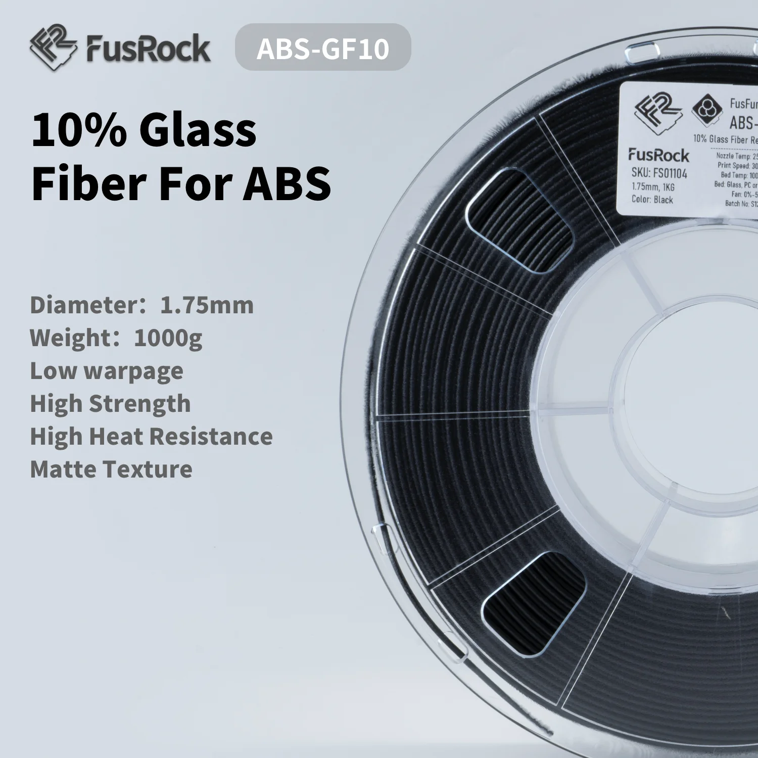 FUSROCK ABS-GF 3D Printer Filament 10% Glass Fiber ABS Filament 1.75mm, Fit Most FDM 3D Printers Frosted Texture, High Hardness,