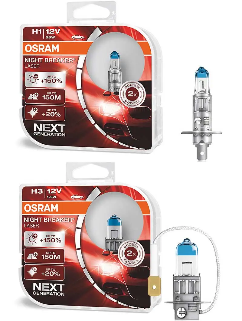 OSRAM H1 H3 H4 H7 H8 H11 9005 9006 12V Night Breaker Laser Next Generation Car Halogen Headlight Fog Lamp +150% Brightness, 2X
