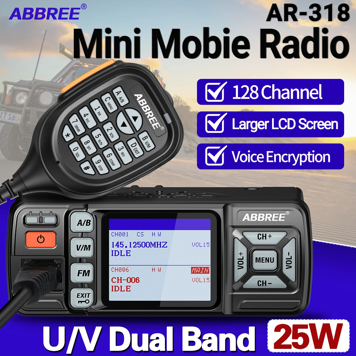 ABBREE AR-318 Mini radio mobilne 25W dwuzakresowy UHF VHF daleki zasięg podwójny tryb zegarek szyfrowanie głosowe nadajnik-odbiornik samochodowy Walkie Talkie