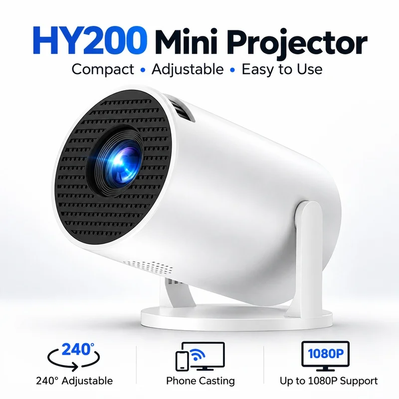 HY200 Mini Projector 1080P Full HD, 4K Support Portable Home Theater Movie Projector with HDMI USB AV for Outdoor Party