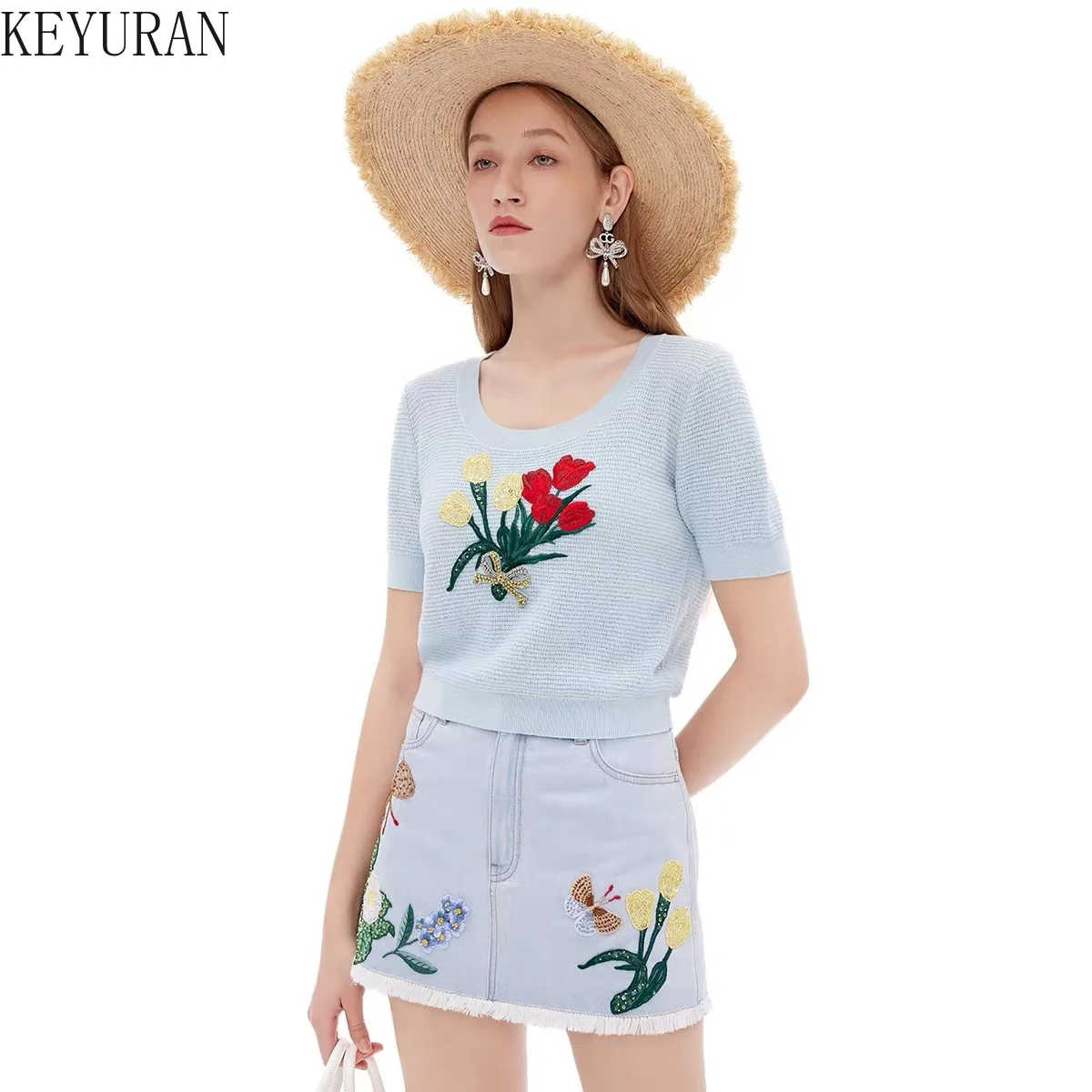 2024 Summer Flower Embroidery Sequin Short Sleeve Sweate Women Knit T-shirt Vintage Fashin O-Neck Knitwear Crop Top Female Tees