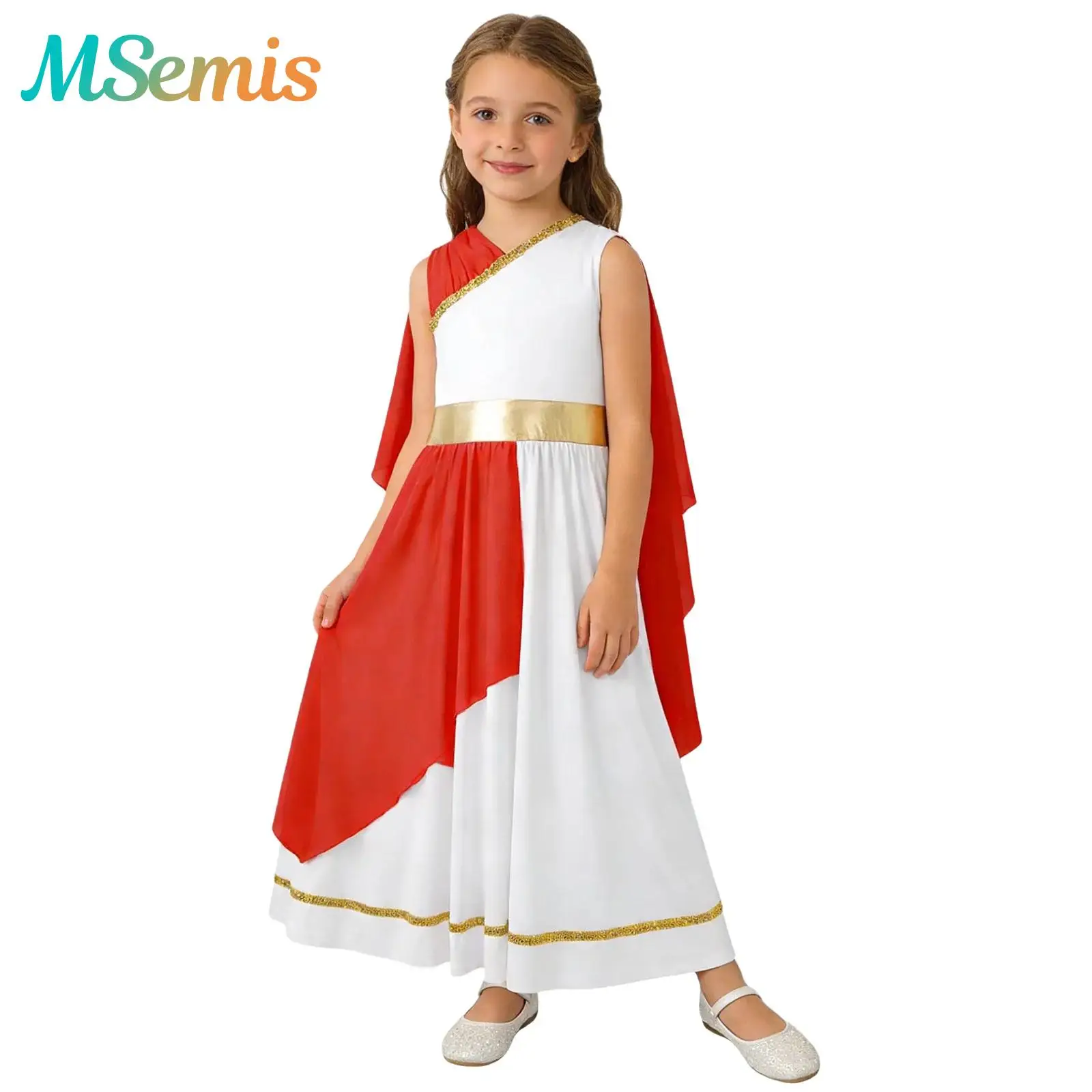 

Kids Girls Roman Grecian Athena Gown Queen Dress Ancient Greek Toga Princess Cosplay Costume Shawls Flowy Tulle Toga Dress