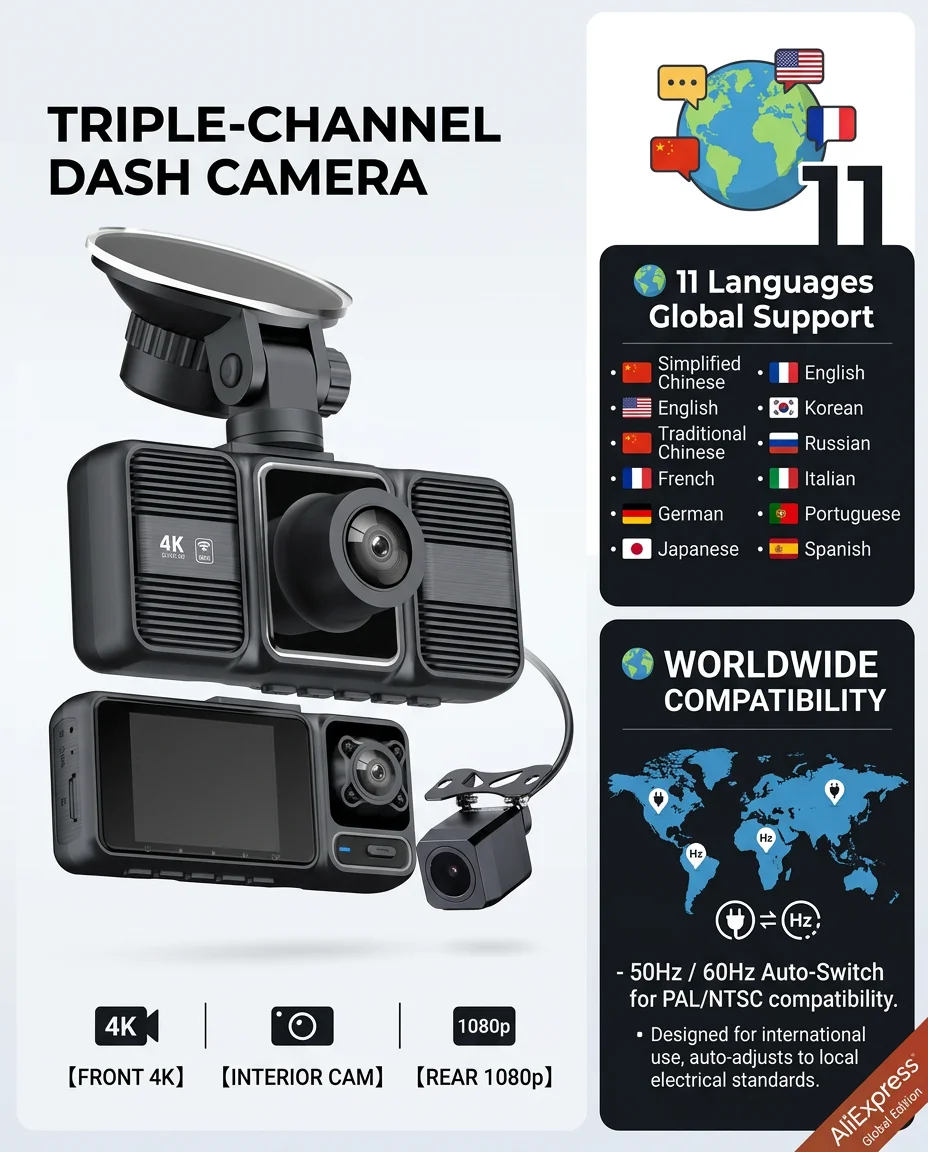 4K 2160P Dash Cam 3 Lens WiFi Car DVR Front Inside Rear Triple Camera 720P Video Recorder Allwinner G-sensor 24H Parking Monitor