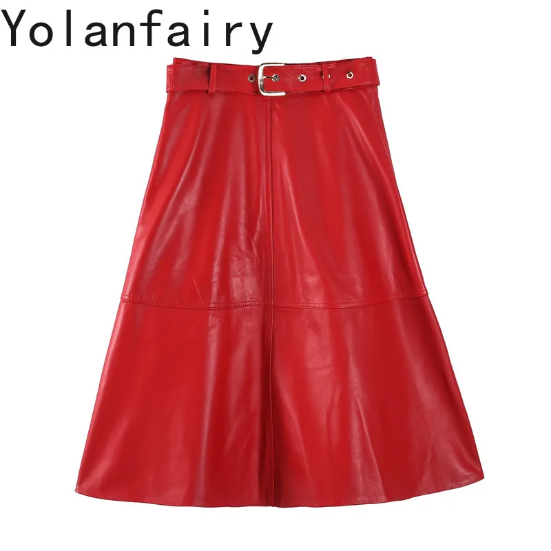 YOLANFAIRY 2026 Autumn Women Genuine Sheepskin Leather Half Skirt Red A-line Skirts Long High Waist Big Swing Real Leather Skirt