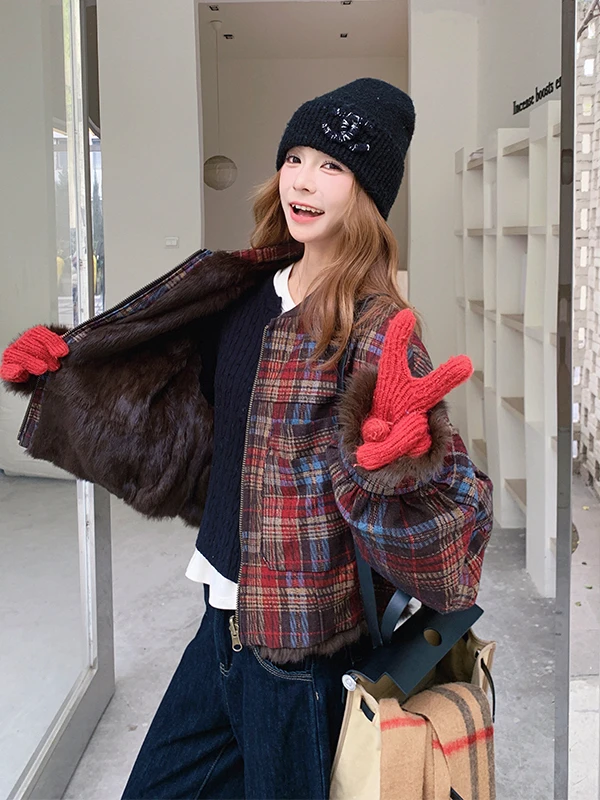   격자무늬 면 재킷 여성용 겨울 두꺼운 양면 착용 디자인 감각 한국 스타일 루즈핏